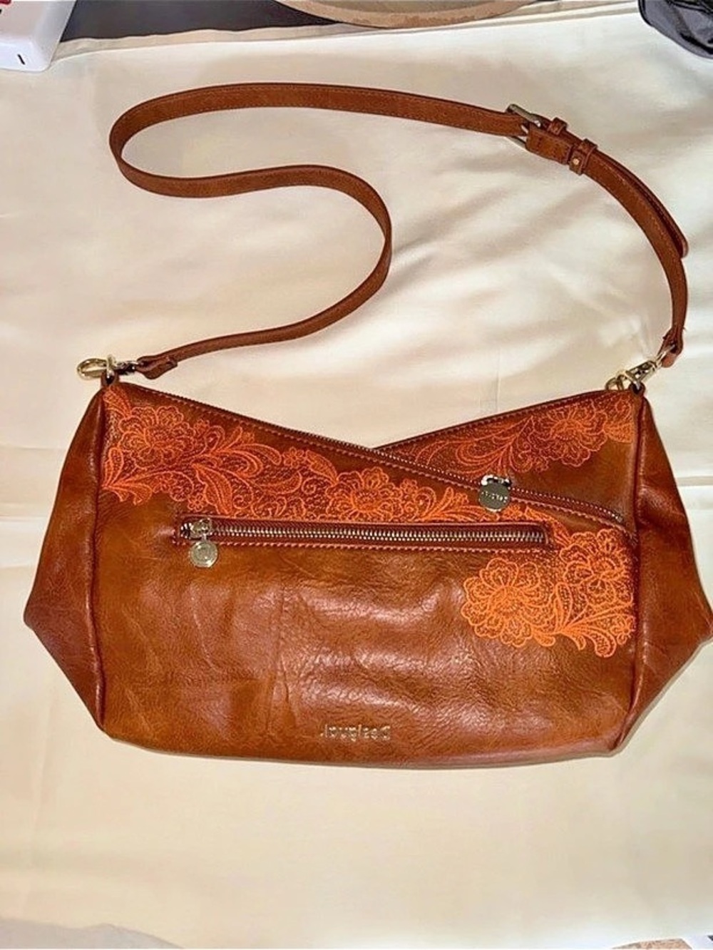 Desigual Crossbody Bag Floral Embroidered Brown